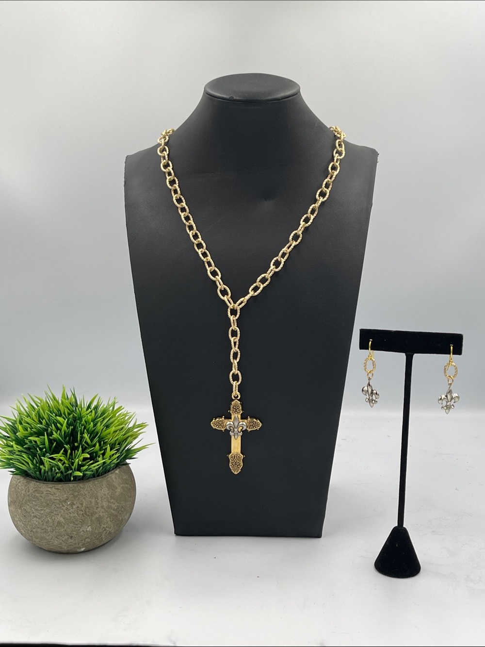 Gold-toned link chain necklace earring set cross pendant w/Fleur de Lis. Custom